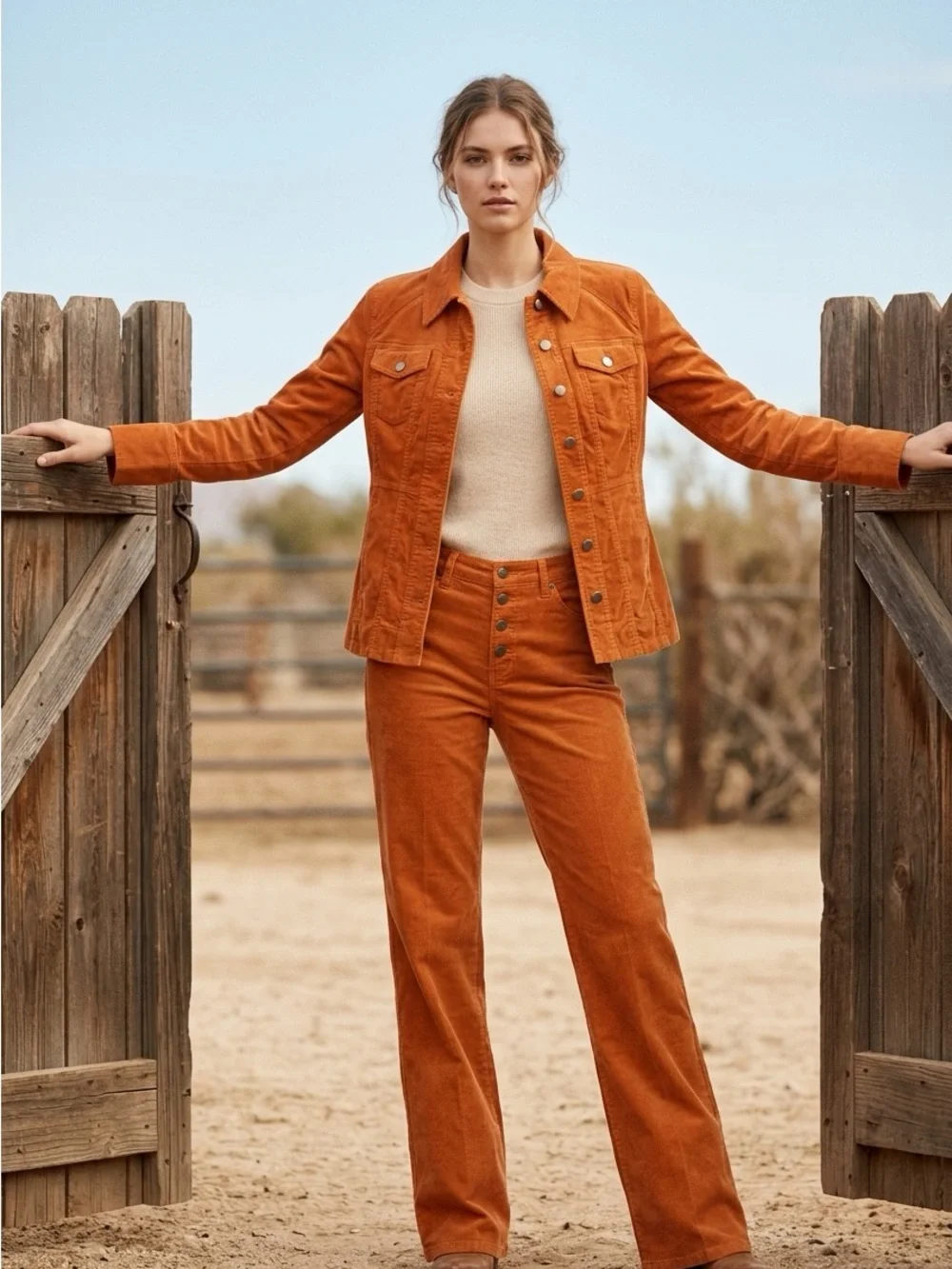 metrostyle Wide-Leg Corduroy Pants and Jacket Set in Rust Orange